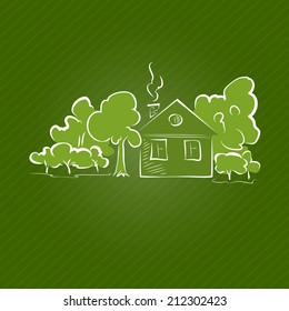 Small rural house with trees on a green background
