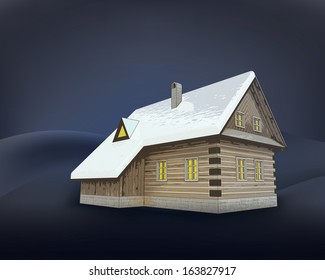 small rural winter wooden cottage at night vector illustration