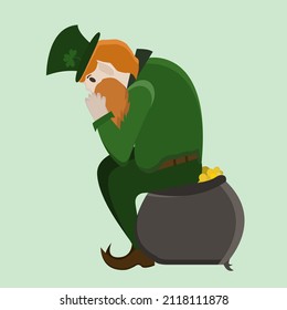 A small sad leprechaun sits on a cauldron with gold. Vector illustration for St. Patrick's day.