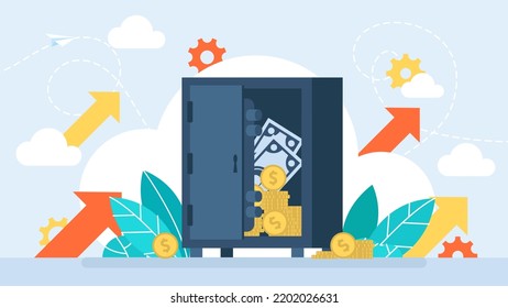 Small safe front view. Opened with money inside. Metal bank safe vector icon in a flat style. Secure boxes with code locks. Gold and money protection. Flat style. Vector illustration