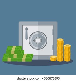 Small safe with money in coins and notes vector illustration