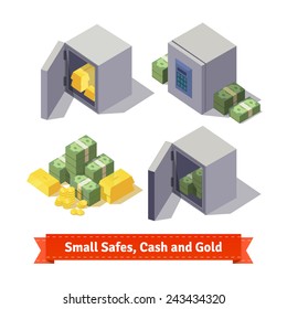 Small Safes With Gold Bars, Cash And Coins. Flat Style Illustration. 