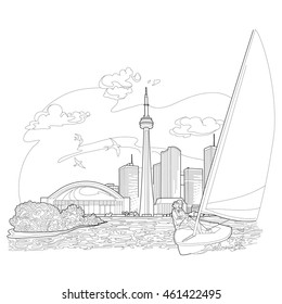 Small sail boat sailing in a river or lake in front of an island and a city skyline. A flock of birds fly by in the background.
