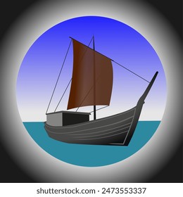 A small sailboat with a brown sail gently floats on a calm ocean.Set sail on a relaxing adventure on the open water.  Picture yourself on this sailboat, soaking up the sun and enjoying the sea breeze.