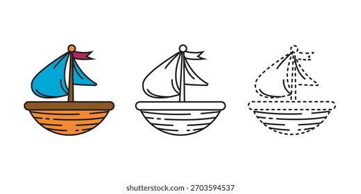 Pequeño velero Vector de línea discontinua. Velero ilustrado en color, contorno y estilo punteado, perfecto para etiquetas, diseños infantiles, temas de verano y marca simple.