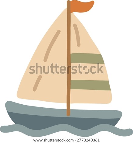 small sailboat floating on waves with flag on mast isolated on white background, perfect for kids illustration, summer design