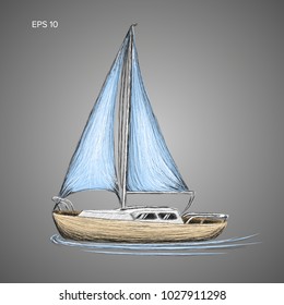Small sailboat isolated vector illustration. Hand drawn small yacht sketch
