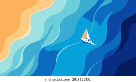Small sailboat sailing on blue ocean waves next to a sandy tropical beach shore Vector