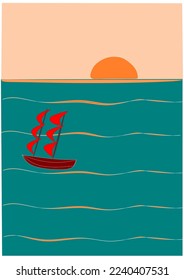 small sailboat in the sea at sunset, abstract vector illustration