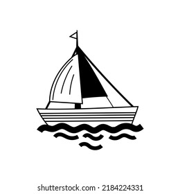 Small sailboat. Simple black and white doodle illustration, isolated.