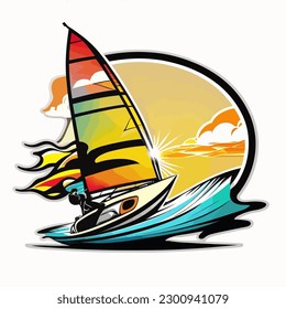 Small sailboats. Sports regatta on rough seas. Extreme water sport activity. cartoon vector illustration, label, sticker, white background