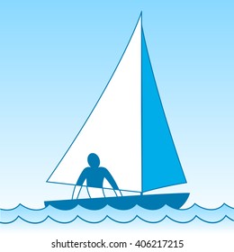 A small sailing boat. Sloop. The ship coming through the waves under the sail. The man on board.