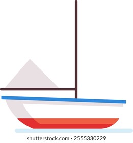 Small sailing boat with a triangular sail and colorful hull floating on water, simple and minimalist vector illustration representing leisure and maritime activities