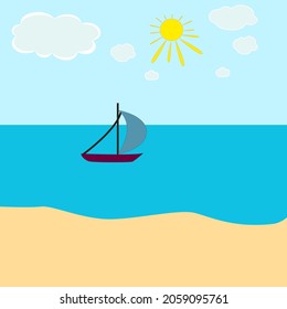 Small sailing ship sailing on the sea near the coast.