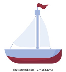 Small sailing ship with open sail and red flag sailing on white background