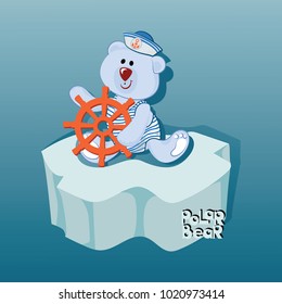 Small sailor bear on an ice floe. Emblem, banner, poster with a polar bear. Design for printing on fabric or paper. Illustration for children's book in cartoon style.