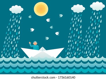 Small sailor on a paper boat waving and smiling. Vector simple illustration.