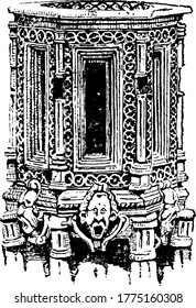 A small saltcellar that looks like a decorated bowl that holds salt and is placed on the table, vintage line drawing or engraving illustration.