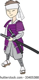 Small samurai warrior with headband, armor and katana swords