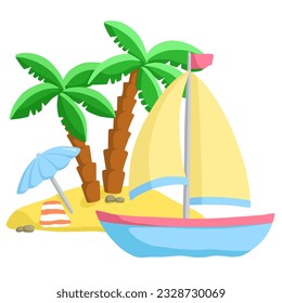 small sandy island with a sailboat