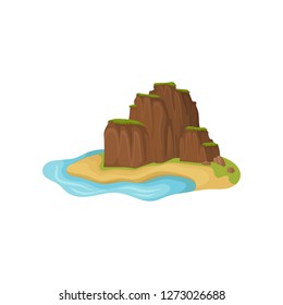 Small sandy island surrounded by water. Brown mountain slopes with grass on tops. Natural landscape. Flat vector icon
