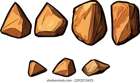 Pequeña colección de arte vectorial de arena de siete variaciones de formación natural de roca beige 2d más audaz para proyectos de diseño gráfico de juegos o de colección de stickers. Paquete de activos de estilo de la pieza.