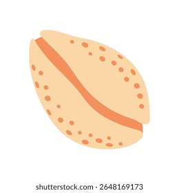 Small sandy yellow cowrie shell with central slit and dots, minimalist and cute design, isolated in flat vector cartoon style. For summer, marine, vacation, beach, sea, ocean-themed design.