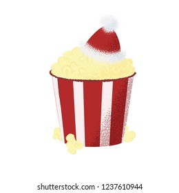 Small Santa hat in box of popcorn. Fast food, snack, container. Can be used for topics like Christmas movie, cinema, entertainment industry