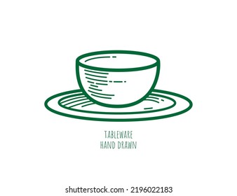 Small saucer, cup without handle on white background. Vector linear icon. Outline illustration. Tea ceremony. Dishes for brewing. Decorative art element for menu design, advertising layout. Bouillon.