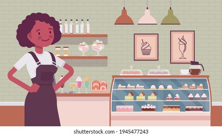 Small Scale Business-owner, Privately Owned Confectionary Store. Black Woman, Successful Entrepreneur, Individual Start Up Project Selling Sweets, Chocolates. Vector Flat Style Cartoon Illustration