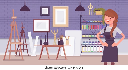 Small scale business-owner, privately owned art store. Woman, successful entrepreneur, individual start up project, supplies for drawing, painting, sculpting. Vector flat style cartoon illustration