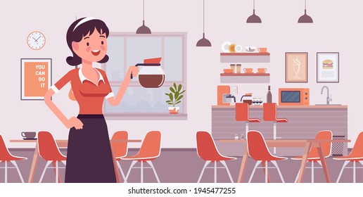 Small scale business-owner, privately owned cafe shop. Young woman, successful entrepreneur, individual start up project for selling light meals and drinks. Vector flat style cartoon illustration