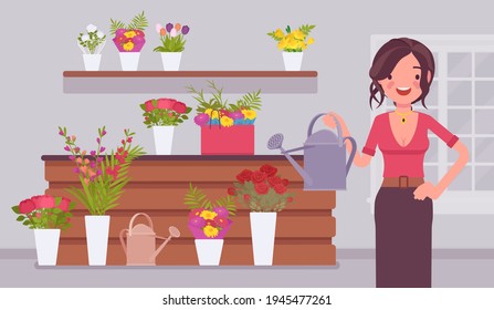 Small scale business-owner, privately owned flower shop. Young happy woman, successful entrepreneur, individual start up project of flowers and pot plants store. Vector flat style cartoon illustration