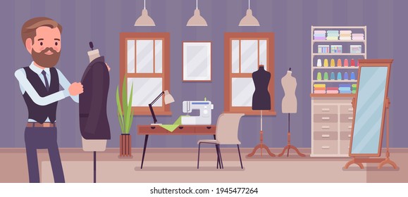 Small scale business-owner, privately owned tailor shop. Young man, successful entrepreneur, individual start up project of clothing making and garments sewing. Vector flat style cartoon illustration