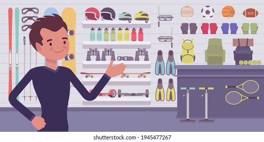 Small Scale Business-owner, Privately Owned Sporting Goods Shop. Man, Successful Entrepreneur, Individual Start Up Project Of Sports Gear, Equipment, Apparel. Vector Flat Style Cartoon Illustration