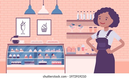 Small scale business-owner, privately owned confectionary store. Black woman, successful entrepreneur, individual start up project selling sweets, chocolates. Vector creative stylized illustration