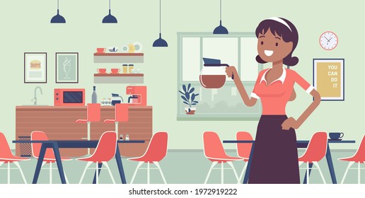 Small scale business-owner, privately owned cafe shop. Young woman, successful entrepreneur, individual start up project for selling light meals and drinks. Vector creative stylized illustration