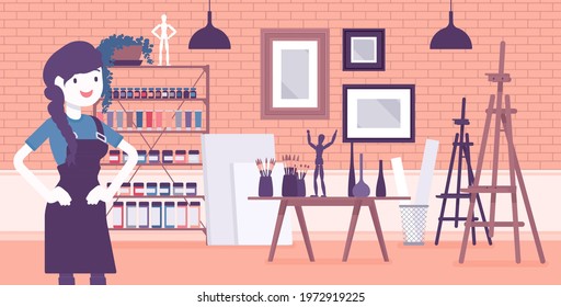 Small Scale Business-owner, Privately Owned Art Store. Woman, Successful Entrepreneur, Individual Start Up Project, Supplies For Drawing, Painting, Sculpting. Vector Creative Stylized Illustration