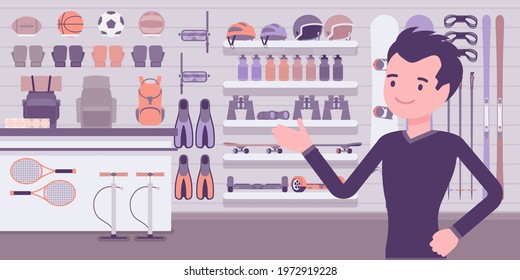 Small Scale Business-owner, Privately Owned Sporting Goods Shop. Man, Successful Entrepreneur, Individual Start Up Project Of Sports Gear, Equipment, Apparel. Vector Creative Stylized Illustration