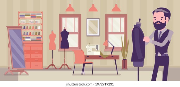 Small scale business-owner, privately owned tailor shop. Young man, successful entrepreneur, individual start up project of clothing making and garments sewing. Vector creative stylized illustration