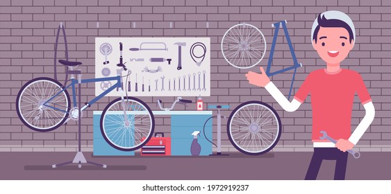 Small scale business-owner, privately owned bicycle workshop. Young man, successful entrepreneur, individual start up project bike care, components, accessories. Vector creative stylized illustration