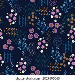 Small scale of Floral seamless patterns, mix with geometric flower shape and line dots ,Design for fashion , fabric, textile, wallpaper, cover, web , wrapping and all prints on navy blue background