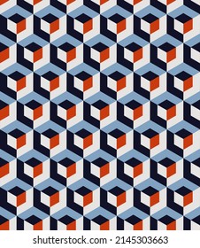 Small scale isometric cubes optical vector seamless pattern. Abstract multicolor micro geometric texture. Modern textile fashion print. Retro style nostalgic background