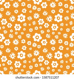 Small Scale Retro Graphic Floral Vector Seamless Pattern. Simplistic White Hand Drawn Scattered Daisies, Blooms on Mustard Yellow Background. Minimal Stylized Flowers Print.