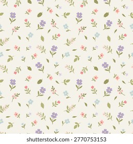 Small scale seamless floral pattern with tiny wildflowers and leaves in soft pastel tones on a warm beige background. Clean botanical design without insects, ideal for fabric, wallpaper, packaging and minimal surface design.