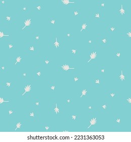 Small scale silhouette foliage scattered pattern repeat on a turqouise background with off-white motifs