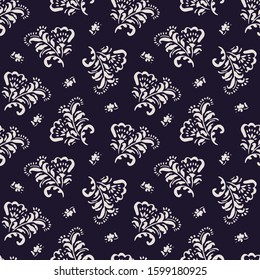 Small Scale White Hand-Drawn Classic Chintz Floral Vector Seamless Pattern on Dark Background. Folk Flowers Monochrome Background