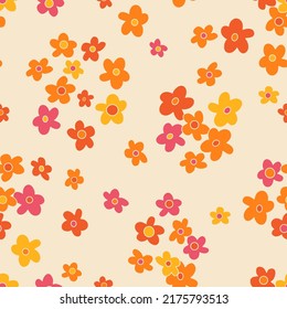 Small scaled hippie seamless vector pattern. Nostalgic retro 60s-70s groovy print. Vintage floral background. Textile and surface design with old fashioned hand drawn naive geometric flowers