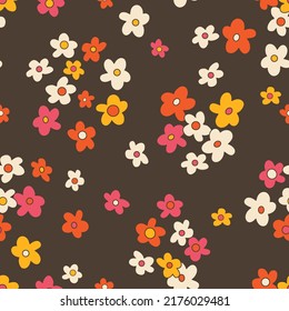 Small scaled hippie seamless vector pattern. Nostalgic retro 60s-70s groovy print. Vintage floral background. Textile and surface design with old fashioned hand drawn naive geometric flowers