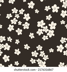 Patrón vectorial sin costuras hippie de pequeña escala. Impresión nostálgica retro de 60-70. Fondo floral vintage. Diseño textil y de superficie con flores geométricas naif de estilo antiguo dibujadas a mano